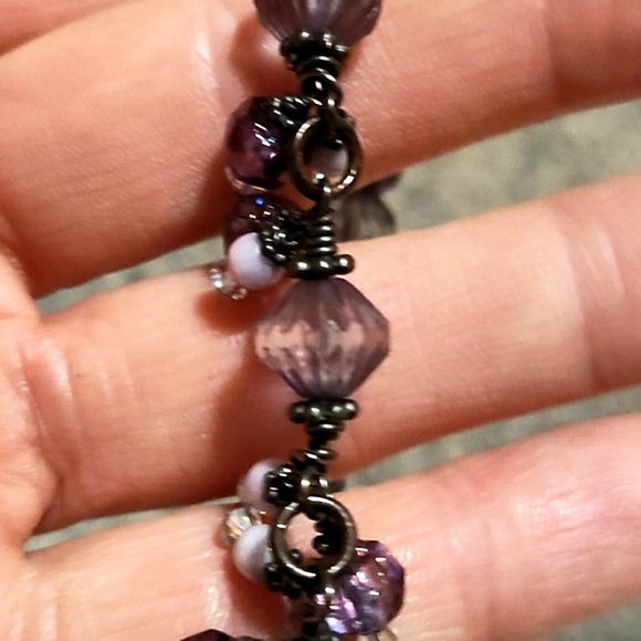 VINTAGE LAVENDER & BLUE GLASS CRYSTAL BEADED SILVER MAGNETIC CLASP 7.5" BRACELET - Picture 4 of 11